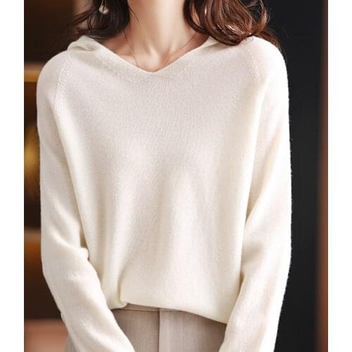 Cashmere Sweater Womens Knit Hoodie Hooded 100% Cashmere Sweater Pure Color Slim Pullover Loose Large Size Ladies Top