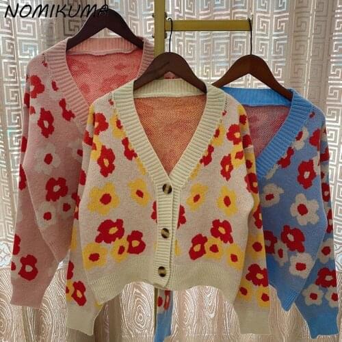 Nomikuma Jacquard Knitted Cardigan Women 2021 Autumn Winter Causal Fashion Short Floral Sweaters Long Sleeve Knitwear Pull 6L007