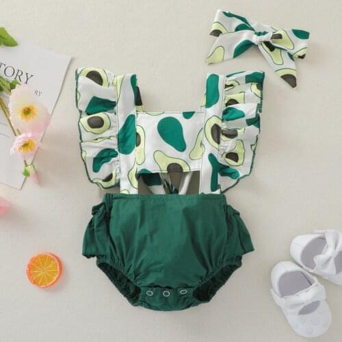 Toddler Baby Girls 2Pcs Jumpsuits Summer Outfits Infant Ruffle Sleeve Avocado Print Backless Bandage Romper with Headband Set