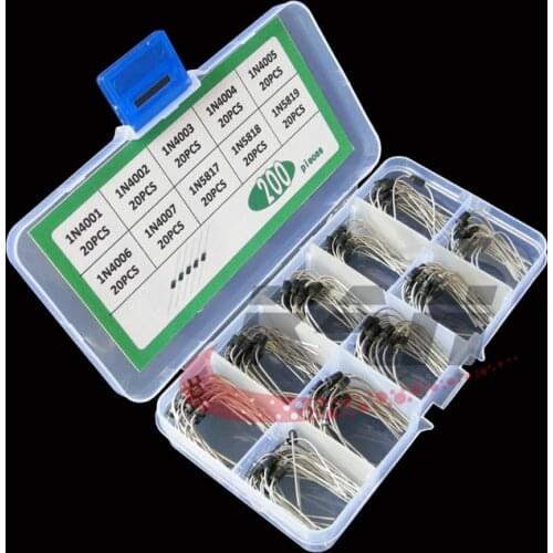 200Pcs 10 Values Rectifier Diode Assorted Kit 1N4001 1N4002 1N4003 1N4004 1N4005 1N4006 1N4007 1N5817 1N5818 1N5819 + Box