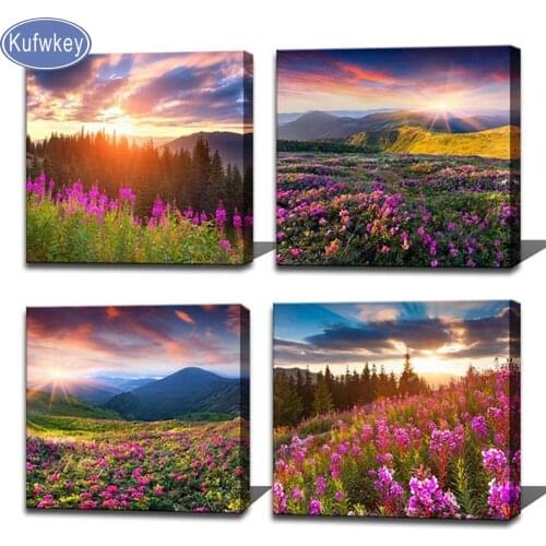 Mosaic diamond,4pcs set diamond painting full square display 5d Diamond embroidery sale Valley Of Flowers for Dinning Room decor