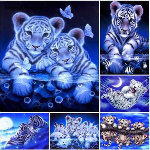 5D Diy Diamond Painting White Tiger Animal Tiger Cross Stitch Kits Mosaic Art Picture Diamond Rhinestone Embroidery Home Decor