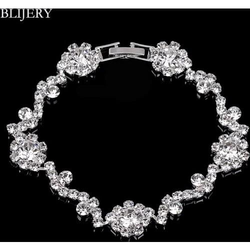 BLIJERY Elegant Crystal Bracelets For Women Silver Color Floral Bracelets & Bangles Femme Bridal Wedding Jewelry