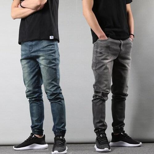 Japanese Style Fashion Mens Jeans Gray Color Slim Fit Tapered Trousers Hip Hop Jogger Jeans Men Vintage Design Denim Cargo Pants