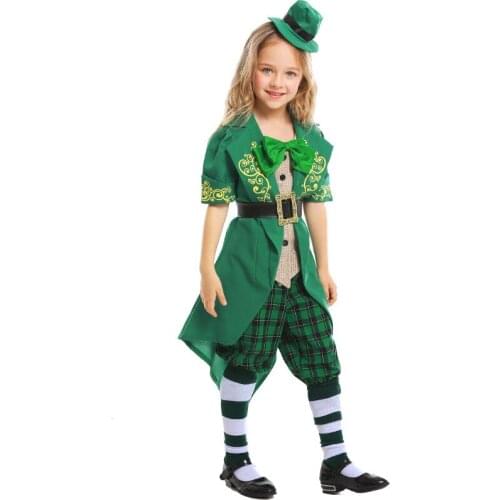 Halloween Kids Girls Irish Lucky Fairy Leprechaun Costume Child Green St. Patricks Day Outfit Fancy Clothes Hat Top Pants Suit