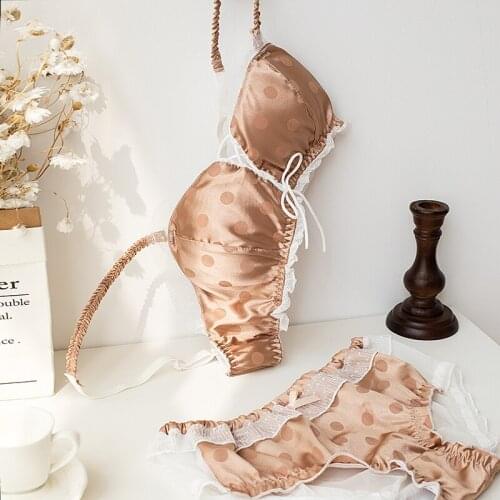 Cute Sweet Dots Printing Bra & Panties Set Milk Silk Wirefree Soft Underwear Ruffles Trim Sleep Intimates Set Kawaii Lolita