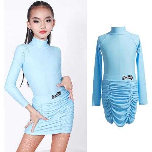 Blue Girl Sets Latin Dance Dress Long Sleeve Designer Clothes Performance Costume Cha Cha Dancer Outfit Tango Dance Wear JL3049