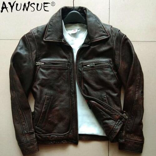 AYUNSUE Genuine Leather Jacket Mens Clothing Motorcycle Men Clothes Short Real Cow Retro Jackets 2020 Coat Hommes Veste LXR425