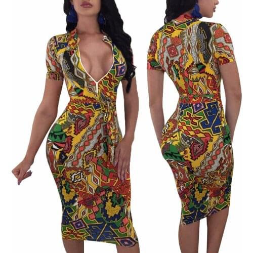 Fashion 2019 Summer dress Zippers Sexy Women Clothes Print dresses Pencil plus size