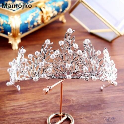 Mamojko Fashion Imitation Pearls Wisdom Tree Queen Crown For Woman Wedding Jewelry Charms Tiara For Bride Hair Accessories New