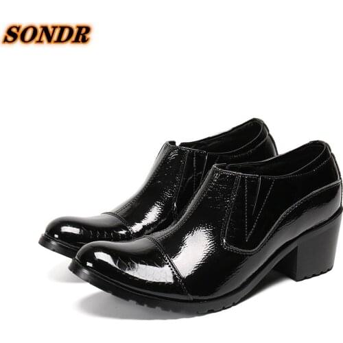 Mens High Heels Patent Genuine Leather Shoes Loafers Round Toe Shoes For Men Dress Business Shoes Italian size47