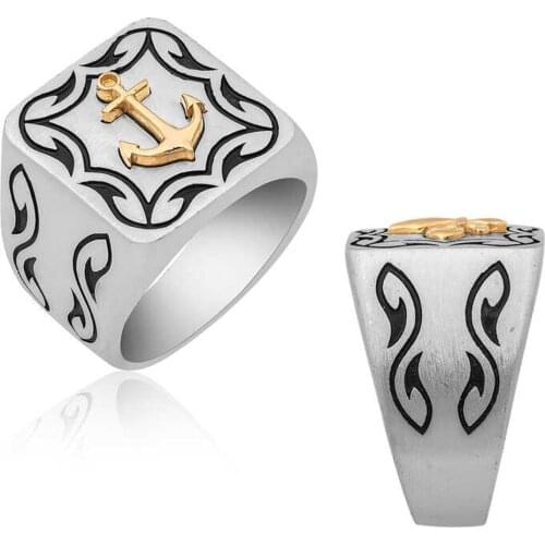 Solid 925 Sterling Silver Square Shaped Sailors Anchor Mens Ring