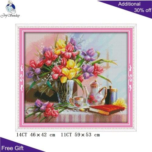 Joy Sunday Flowers Needlepoint H374 14CT 11CT Stamped and Counted Home Decor Beautiful Flowers Embroidery DIY Cross Stitch Kits