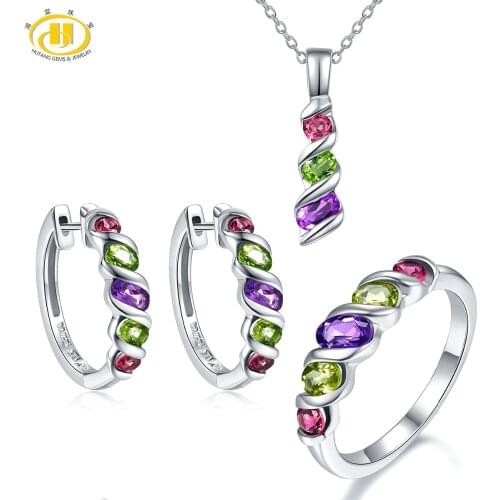 Hutang Natural Gemstone Ring Pendant Earrings Jewelry Sets Solid 925 Sterling Silver Amethyst Garnet Fine Fashion Stone Jewelry