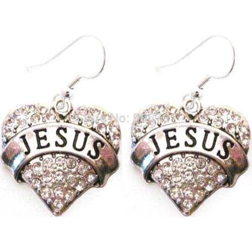 Newest Styles rhodium plated Jesus Clear Crystal Heart Earrings(E100068), 30pair a lot