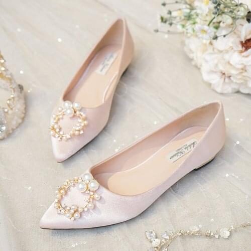 Wedding Shoes Womens Flat Bottom 2021 New Brides Shoes Pregnant Crystal Champagne Bridesmaid Dress Comfortable Lower Heels