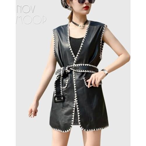 Novmoop 2020 genuine leather sheepskin women vest with embroidery hem Gilet en cuir pour femme LT3266