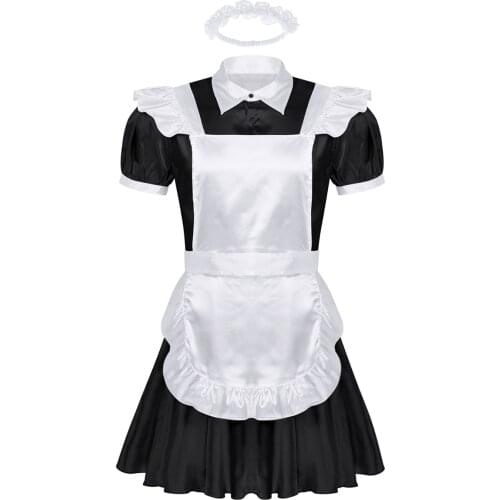 Men Adults Sissy Maid Dress Cosplay Costume Turn-down Collar Puff Sleeve Button Down Dress with Apron Headband Sexy Clubwear