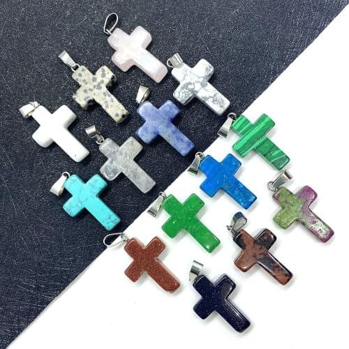 5pcs Cross-shaped Natural Stone Pendant, Exquisite Beads for DIY Jewelry Making, Necklace and Earring Accessories, Size 18x29mm