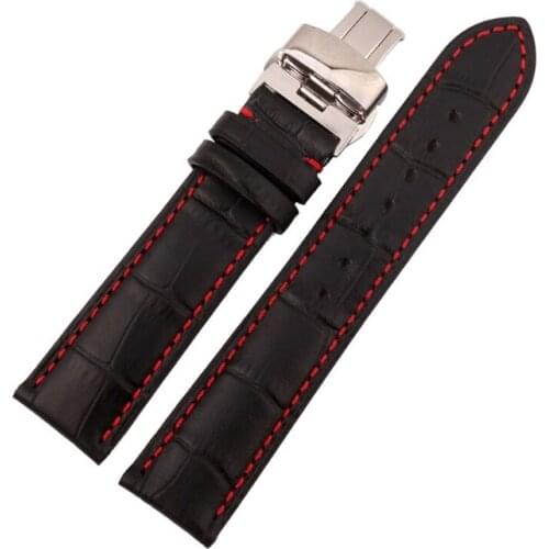 For any brand watchband High Quality Genuine Leather Strap Black with red stitches watchband 18mm 19mm 20mm 21mm 22mm 23mm24mm