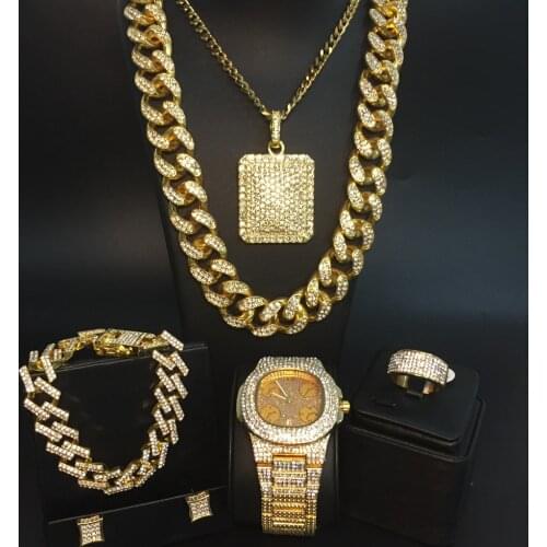 Luxury Men Gold Color Watch & Necklace & Bracelet & Ring & Earrings Combo Set Ice Out Cuban Watch Hip Hop Necklace chain For Men