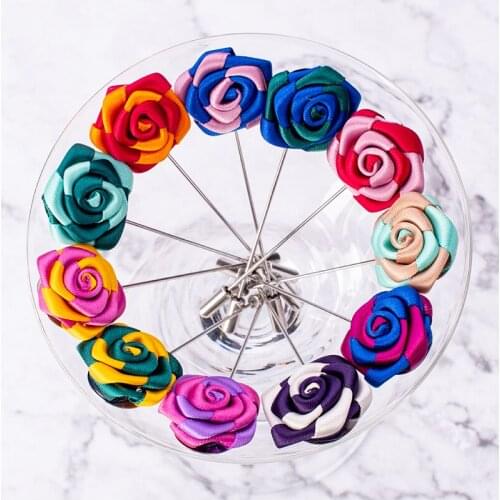 Retail 21 Color Rose Brooch Bouquet Handmade Flower Boutonniere High Quality Ribbon Fabric Lapel Pin For Men Women Wedding Party