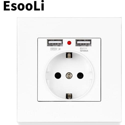 EsooLi Power Outlet PC Panel Wall Charger Adapter Dual USB Charging Port 5V 2.1A LED Indicator 16A EU Socket