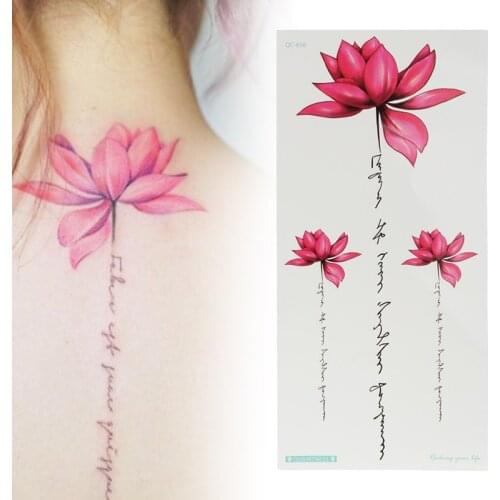 Shellhard 1 Sheet Womens Waterproof Temporary Lotus Tattoo Sticker Pink Lotus Flower Tattoo Sticker For Body Art Tattoo Stickers