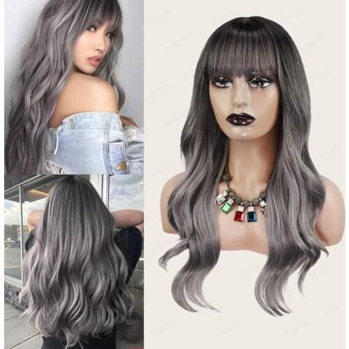 Rebcass 24Inch Straight Natural Dark Grey Colored Synthetic Wigs Loose Wase With Bang Heat Resistant Fiber For Women Daily Use