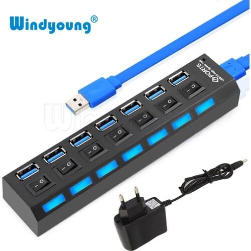 USB Hub 3.0 High Speed 4 7 Ports USB 3.0 Hub with EU/US/UK Power Adapter Multi USB Splitter On/Off Switch for MacBook Laptop PC