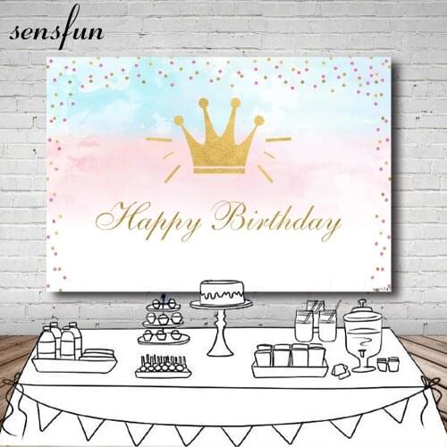 Sensfun Girls Happy Birthday Photography Backgrounds For Photo Studio Gold Glitter Crown Pink Baby Blue Backdrop Vinyl Polyester