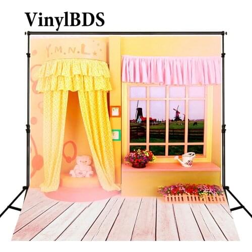 VinylBDS Newborn Dress Background Wood Floor Toy Photography Backdrops Baby Pink Curtain Yellow Wall Studio Photo