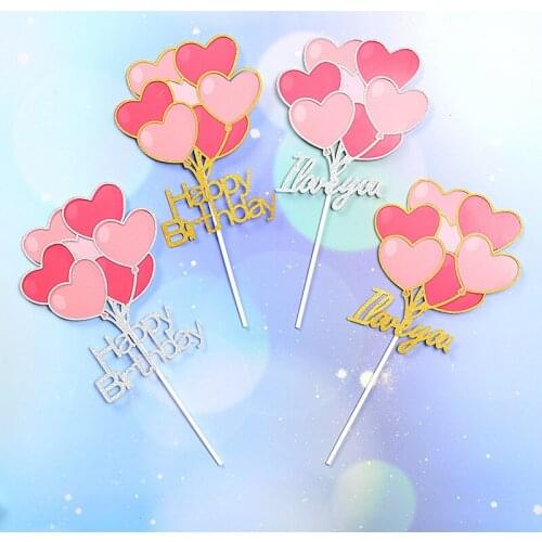 Air Balloon Happy Birthday Cupcake Topper Pink Heart I Love You Wedding Cake Topper For Wedding Kids Birthday Cake Decorations