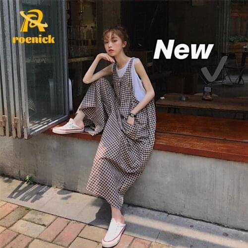 ROENICK Women Oversize Plaid Jumpsuits Single Breasted Wide Leg Pants Big Pocket Sweet Cute Korean Preppy BF Leisure Rompers