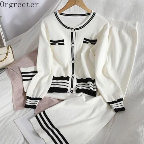 Spring Knitted Tracksuits Korean Style Button Cardigan Top + Wide Leg Pants Contrast Color Striped Two-piece Set Women