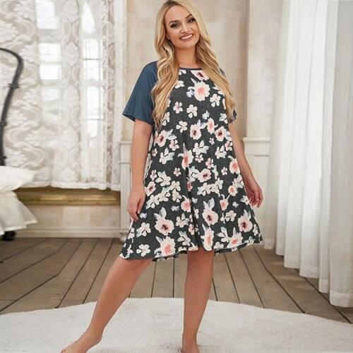 4xl 5xl Plus Size Sleepwear Dress Women Summer O Neck Short Sleeve Floral Print Casual Midi Dress Loose Big Size Women Clothing