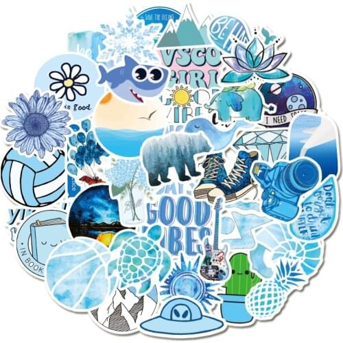 50/100Pcs Blue Graffiti Stickers Plant Suitcase Decor Stickers Computer Skateboard Refrigerator Sticker For Students Supplies