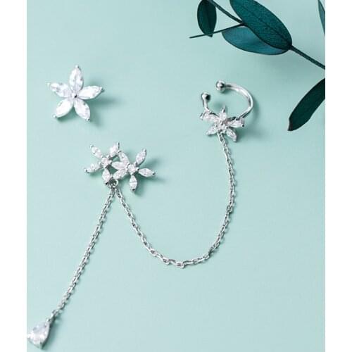 Asymmetry Earrings 100% Real. 925 Sterling Silver Floral Flower CZ &Waterdrop Climber Clip cuff ear-bone Stud Earrings C-G5766