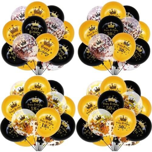 15pcs Black Gold Crown 16 18 21 30 40 50 60th Happy Birthday Party Confetti Latex Balloons Adult Birthday Ballons Decorations