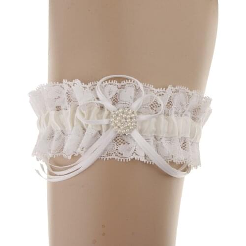 Elegant Woman Lace Trim Pearls Garter Wedding Bridal Party Costume Gift Favor