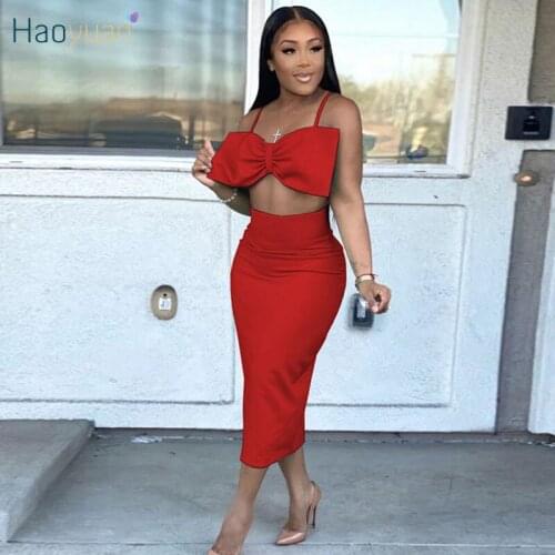 HAOYUAN Summer Two Piece Set Off Shoulder Bow Crop Top Bodycon Midi Dresses for Women Sexy Birthday Outfits Club Matching Sets