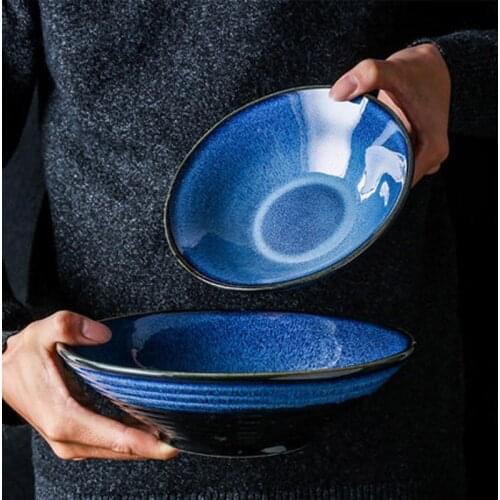 FANCITY Japanese-style ceramic ramen bowl retro personality fog green blue glaze wide-mouthed bowl with hat bowl eating noodle
