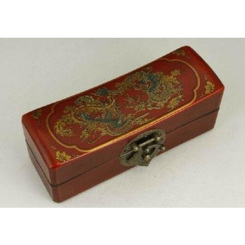 CHINESE OLD LEATHER WOOD HANDWORK PAINTING DRAGON PHOENIX JEWEL BOX