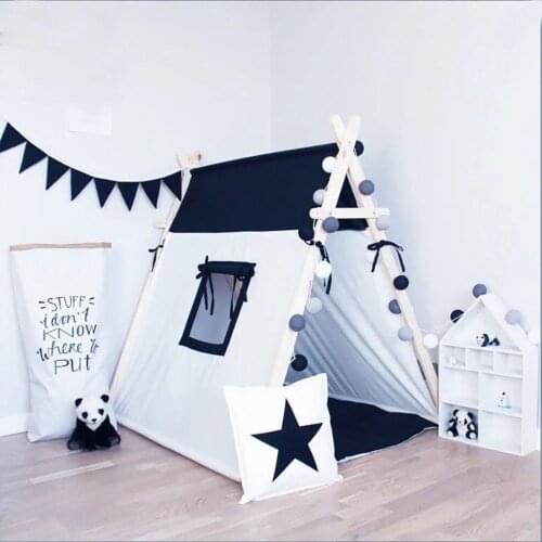 Black and white square design 100% Cotton Canvas Indian Teepee Kids Play Tent for Children Playhouse with mat and cushions