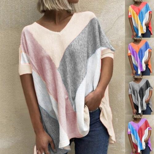 Summer T Shirt Women New 2021 v-neck Loose Color Matching Printing T-shirt Female Leisure Female Tee Tshirts CHD6875