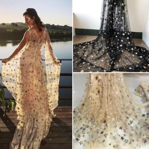 2019 Hot style stars tulle mesh ivory nude and black sequins embroidery lace fabric DIY kid girl garment sewing fabric 5 yards