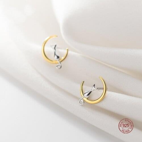 LKO 925 Sterling Silver Crescent Cat Stud Earrings For Girls Personality Cute Earrings Party Trendy Jewelry Ear Ornaments