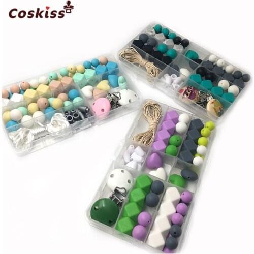 3 Boxes Baby Teether Toys Bright Colors Silicone Teething Kit Geometric Hexagon Silicone Crochet Beads Teething DIY Nursing