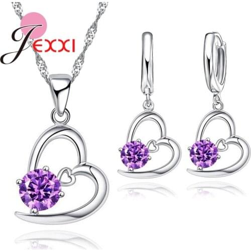 Sweet Valentines Day 925 Sterling Silver Sets For Wedding Engagement Jewelry Women Crystal Pendants Necklace Earrings Set