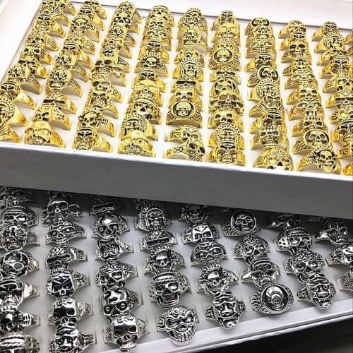 MIXMAX Wholesale 10pcs ring set mixed lots mens womens Gold and silver color Vintage skull punk style biker Zinc Alloy jewelry